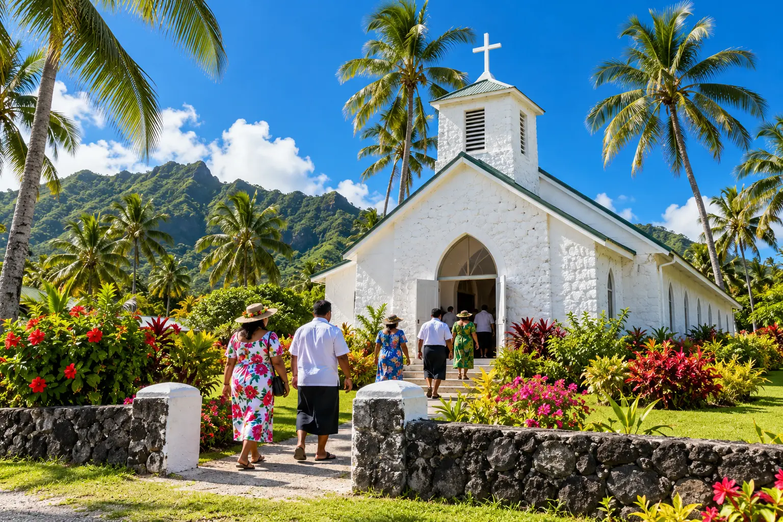 AI-assisted illustration of a Cook Islands church in tropical surroundings