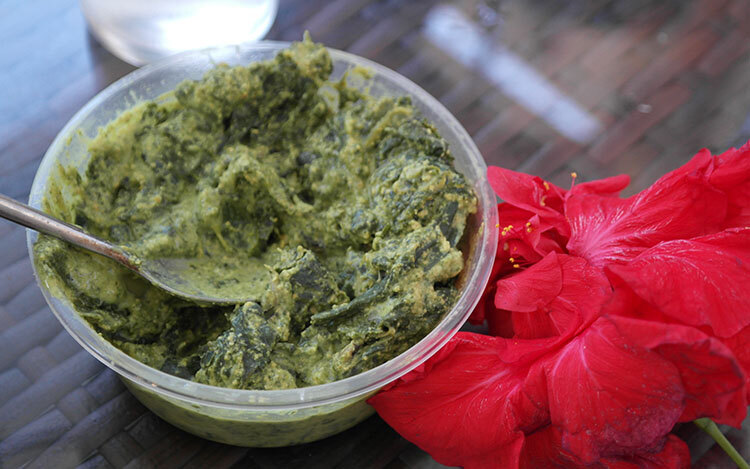 Real photograph of Cook Islands rukau prepared with taro leaves and coconut cream